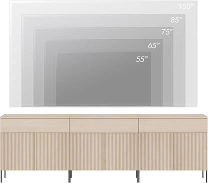 WAMPAT Fluted TV Stand TVs up to 100 inch, 94.5" W Modern TV Entertainment Center with Storage Cabinets and 3 Drawers & 6 Doors, Wood Media TV Console Table with Storage for Living Room, Beige
