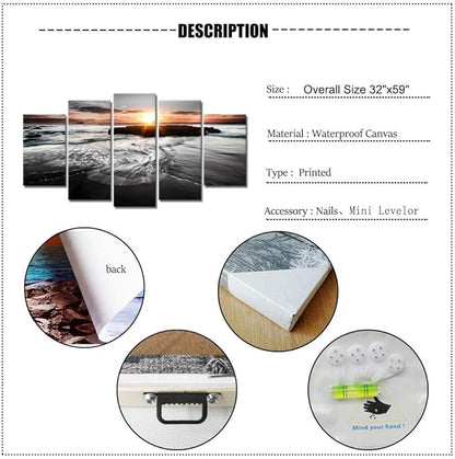 SkenoArt 5 Panels Large Ocean Beach Pictures Canvas Wall Art Modern Black and White Gold Sunset Seascape Artwork for Living Room Home Office Wall Decor Ready to Hang