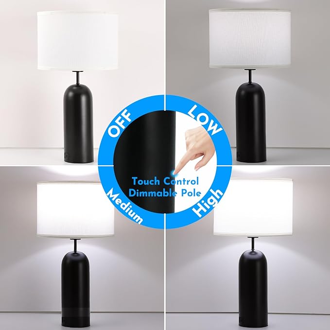 MoMyofdy 22-inch Tall Table Lamps - Set of 2 Black & White Touch Control 3-Way Dimmable Lamps with USB A+C Ports for Bedroom or Living Room