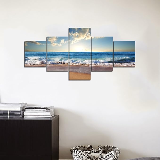 Beach Ocean Wave Pictures Wall Art for Living Room Home Decor Framed Stretched Modern Landscape Seascape Painting on Canvas 5 Piece (50" W x 24" H)