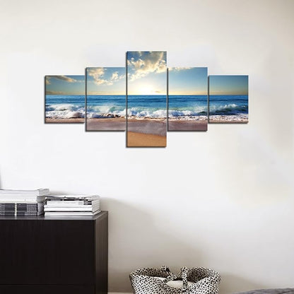 Beach Ocean Wave Pictures Wall Art for Living Room Home Decor Framed Stretched Modern Landscape Seascape Painting on Canvas 5 Piece (50" W x 24" H)