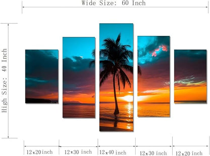 Yatsen Bridge 5 Piece Beach Sunset Canvas Wall Art Seascape Pictures Palm Trees Landscape Home Decor for Living room Bedroom Wall Decoration Framed Ready to Hang - 60''W x 40''H