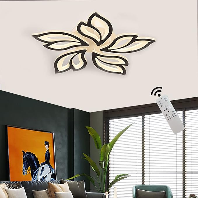 Led Modern Ceiling Light Flush Mount Black 5-Leaf Lights Ceiling Lamp Dimmable with Remote Chandelier 25.59in for Bedroom Living Room Kitchen Dining Room Office