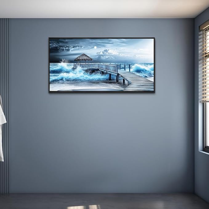 ERQINHUA Wall Decor For Living Room Canvas Wall Art For Bedroom Office Blue Wave Landscape Painting Black Frame Murals Artwork For Modern Stretched and Framed Beach Posters Home Decor 20"X40"