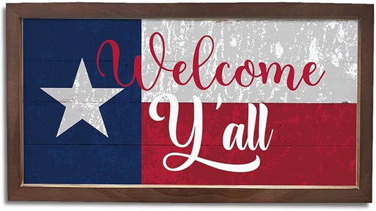 Welcome Y'all Sign for Front Door Decor, Texas Flag Wall Art, Welcome Decoration for Home, Rustic Wall Decoration, Wooden Framed Hanging Sign, 15×7.5×0.3 inches