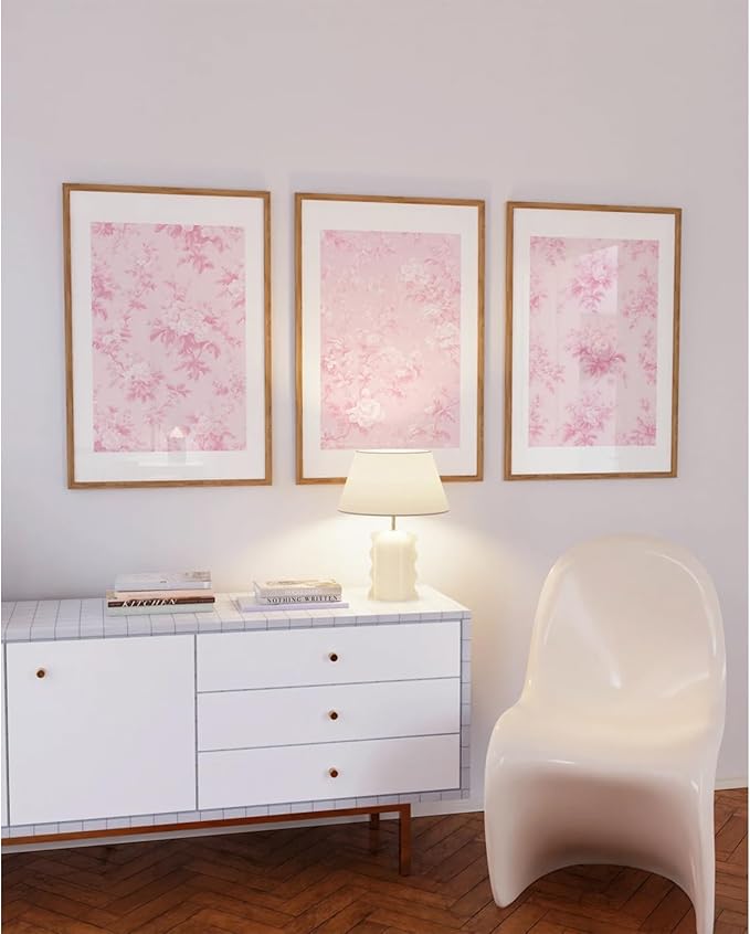 Baccone Pink Floral Wall Art Chinoiserie Flower Wall Decor Pictures Aesthetic Canvas Wall Art Love Shack Fancy Poster Vintage Floral Prints for Living Room Bedroom 16x24 Inch Unframed Set of 3