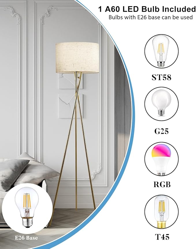 Lightdot 62IN Tripod Floor Lamps for Living Room, Modern Standing Lamp with Off-White Fabric Shade, Mid Century Industrial Standing Tall Lamp for Bedroom, Home Office-Gold