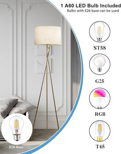 Lightdot 62IN Tripod Floor Lamps for Living Room, Modern Standing Lamp with Off-White Fabric Shade, Mid Century Industrial Standing Tall Lamp for Bedroom, Home Office-Gold