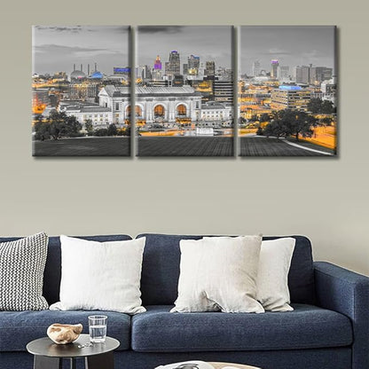 3 Pieces Kansas City Missouri Skyline Wall Decor for Living Room American Cityscape Artwork Wall Decor for Bedroom Giclee Wooden Framed Gallery-Wrapped Ready to Hang (36" Wx16 H)