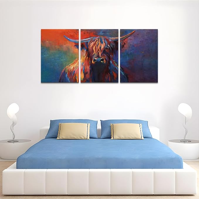 Cow Canvas Wall Art Abstract Highland Cow Painting 3 Panels Texas Longhorn Posters and Prints for Living Room Home Office Bar Toilet Bedroom Guest Room Decoration, Framed 72" L x 36" W