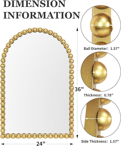 Gold Beaded Arched Wall Mirror 24x36 Inch, Vintage Decorative Arch Mirror with Beaded Frame, Accent Mirror for Entryway, Bathroom, Living Room, Bedroom, Fireplace