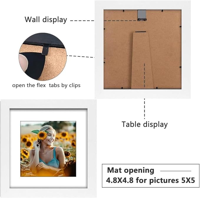 8x8 Picture Frame Rustic White Wood Set of 6,Display Pictures 5x5 with Mat or 8x8 Without Mat,Multi Photo Frames Collage for Wall or Tabletop Display
