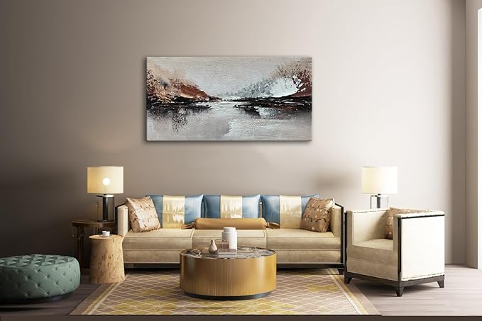 Slyart Hand Painted Abstract Landscape Texture Wall Art, 3D Modern Oil Painting on Canvas, 24"x48" Large Abstract Paintings for Living Room