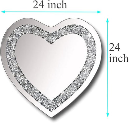 DMDFIRST Crystal Crush Diamond Heart Shaped Silver Mirror for Wall Decoration 24x24x1 inch Wall Hang Frameless Mirror Acrylic Diamond Décor.