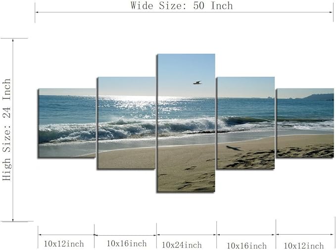 Beach Wave Ocean Painting on Canvas 5 Piece Wall Art Modern Landscape Scenery Posters and Prints Pictures for Living Room Bedroom Gallery-wrapped Canvas Art Set Framed (50''W x 24''H)