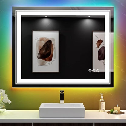 Snowdool LED Mirror for Bathroom, 40"X32" with 8 RGB Backlit +3 Front Lit (Adjustable Individually), Anti-Fog, Lighted Bathroom Vanity Mirror for Wall, Shatterproof, Memory Function, Tempered Glass