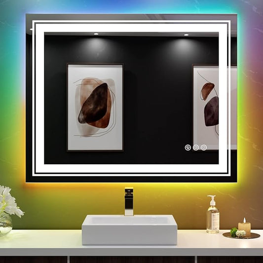 Snowdool LED Mirror for Bathroom, 40"X32" with 8 RGB Backlit +3 Front Lit (Adjustable Individually), Anti-Fog, Lighted Bathroom Vanity Mirror for Wall, Shatterproof, Memory Function, Tempered Glass
