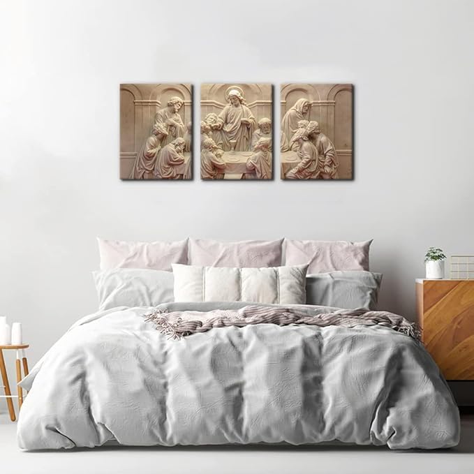 3 Pieces Canvas Wall Art Picture The Last Supper Sculpture Style Paintings on Canvas 12 Apostles Modern Artwork for Home Decor Framed Gallery-wrapped Stretched Ready to Hang - 12" x 16" x 3
