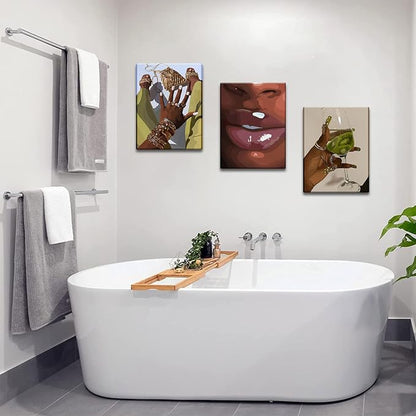 Black Girl Wall Art Framed Set of 3 - African Woman Canvas Home Decor American Woman Wall Decor Black Female Print Pictures Fashion Abstract Poster for Home Bedroom Bathroom 12×16 Inch