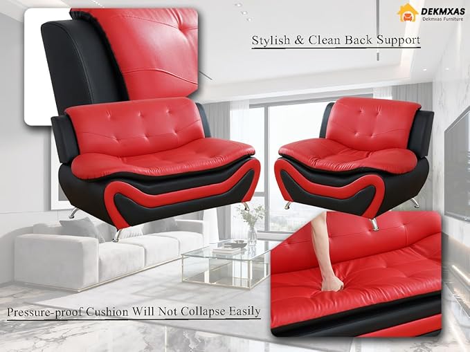 Black&Red Faux Leather Sofa Couches, 2PCS Living Room Sofa Sets, Living Room Furniture Sets, Loveseat and Chair for Bedroom, Rv Car, Office