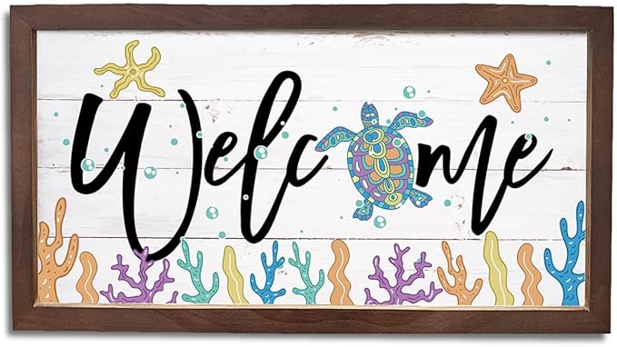 Ocean Welcome Sign, Welcome Decor Signs, Sea Turtle Decors, Beach House Decoration for Indoor Outdoor, Decorative Wooden Wall Plaque, Rustic Framed Wall Decor, 15×7.5×0.3 inches