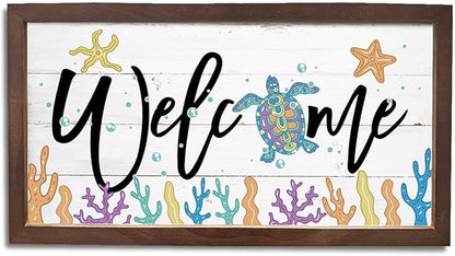 Ocean Welcome Sign, Welcome Decor Signs, Sea Turtle Decors, Beach House Decoration for Indoor Outdoor, Decorative Wooden Wall Plaque, Rustic Framed Wall Decor, 15×7.5×0.3 inches