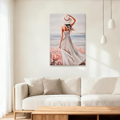 Poemwish Floral Woman Wall Art, Vintage Coastal Oil Painting with Red Hat & White Dress, Oil Texture Paintings Wall Decor in Soft Blue Tones, Impressionist Beach Scene with Pink Flowers