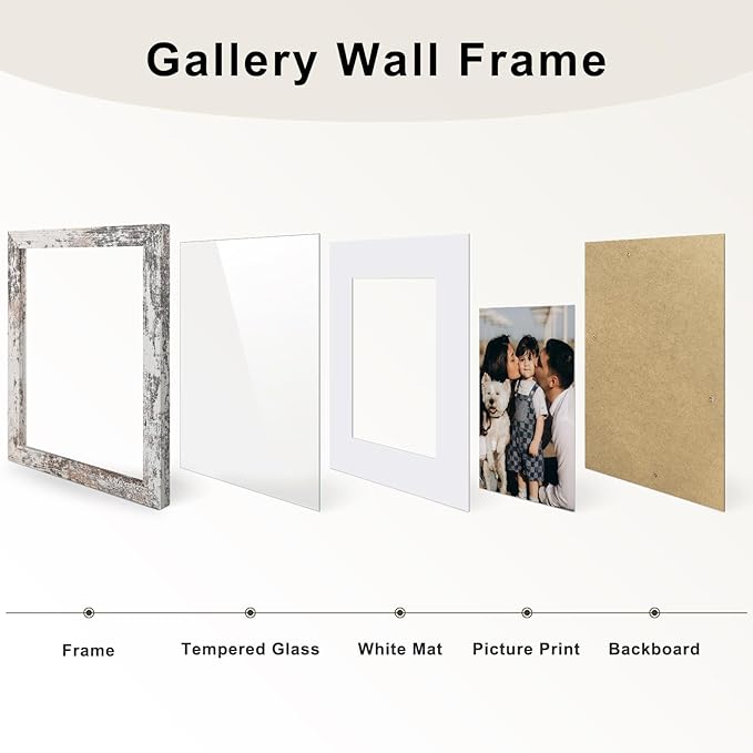 Frametory, Gallery Wall Frame Set of 7 Multiple Sizes 11x14, 8x10, 5x7 Picture Frame Collage with White Mat for Prints, with Real Glass (Distressed White)