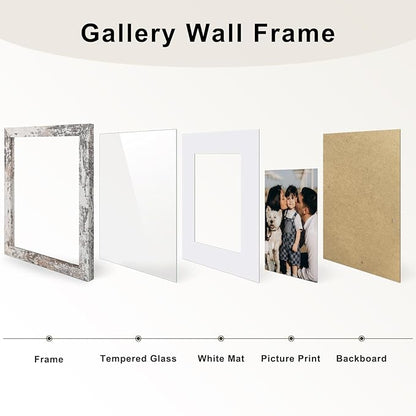 Frametory, Gallery Wall Frame Set of 7 Multiple Sizes 11x14, 8x10, 5x7 Picture Frame Collage with White Mat for Prints, with Real Glass (Distressed White)