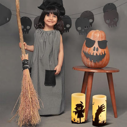 Halloween LED Flameless Pillar Candles Battery Operated Remote and Timer Real Wax Yellow Light Flickering Scarecrow Witch Ghost Hand Decals Halloween Candles Decoration Gifts(3 x 6 Inches)