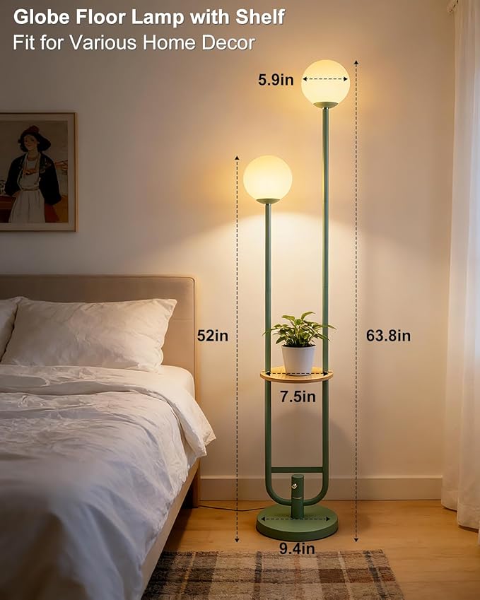 Lightdot 63IN Green Floor Lamp 2 Globe Mid Century Standing Lamps with Bulbs Included Unique Vintage Dimmable Tall Floor Lamp with 5Lbs Heavy Base for Living Room/Wedding/Sofa Beside/Corner Decor