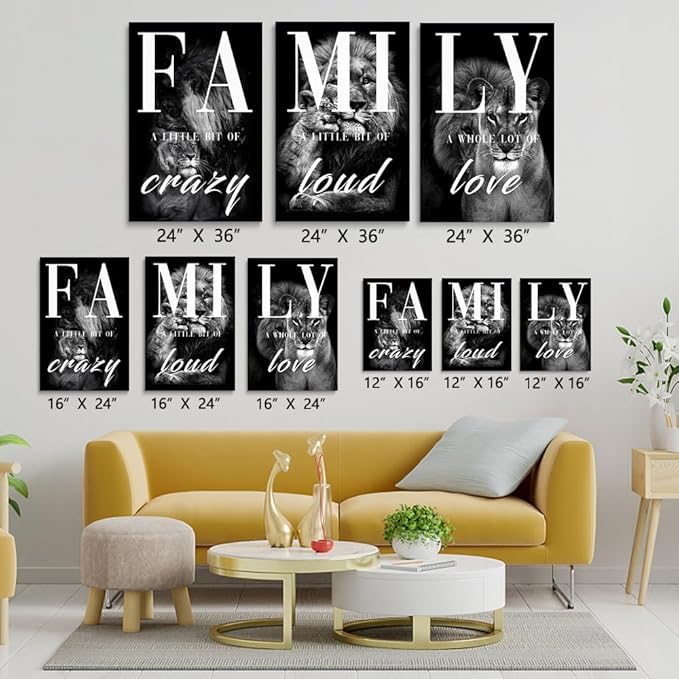 GUBIYU Large Family Wall Decor Set of 3 Modern Lion Wall Art 24x36 Inch Black and Gray