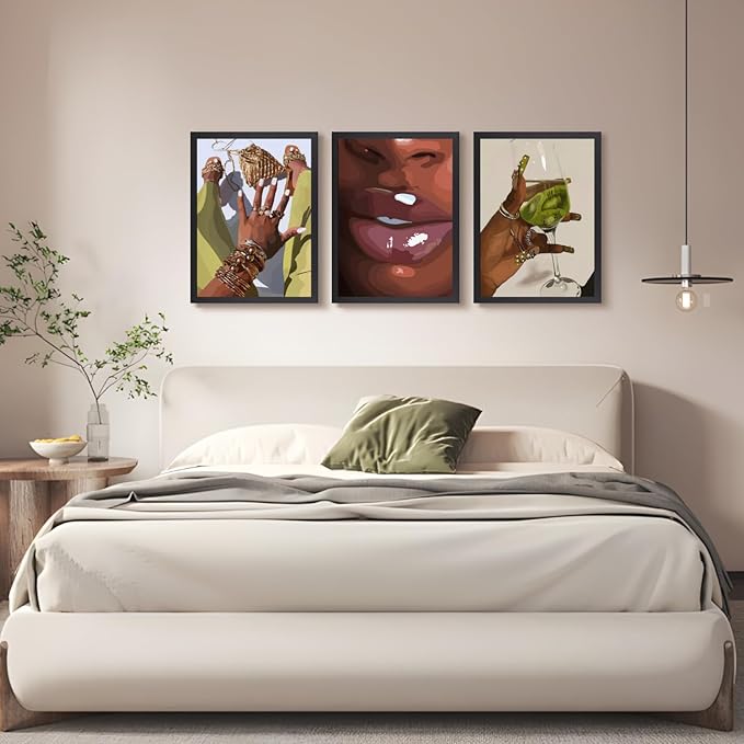 Hianan Black Girl Canvas Wall Art Set of 3, Wood Framed African American Woman Wall Decor, Fashion Black Women Poster Prints, Abstract Black Girl Aesthetic Pictures for Living Room Bedroom 12"x16"