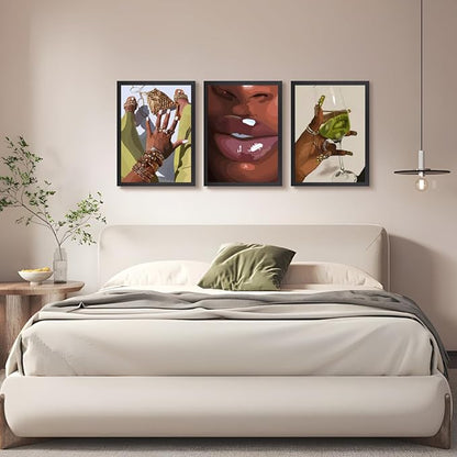 Hianan Black Girl Canvas Wall Art Set of 3, Wood Framed African American Woman Wall Decor, Fashion Black Women Poster Prints, Abstract Black Girl Aesthetic Pictures for Living Room Bedroom 12"x16"