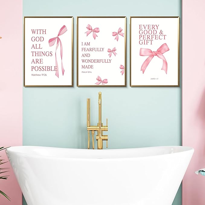 JBZDD Coquette Pink Bow Wall Art Decor Posters Set of 3, Inspirational Bible Verses Pictures Prints Coquette Aesthetic for Girls Room College Apartment Living Room Bedroom Unframed 12x16 In