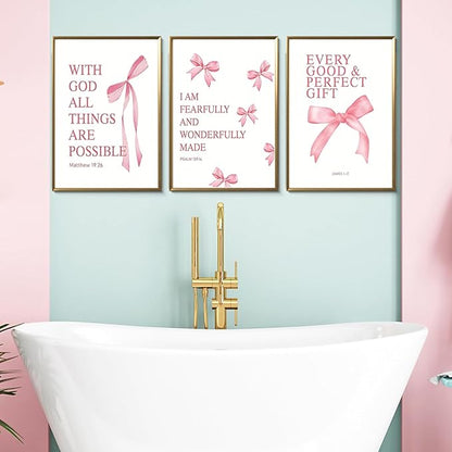 JBZDD Coquette Pink Bow Wall Art Decor Posters Set of 3, Inspirational Bible Verses Pictures Prints Coquette Aesthetic for Girls Room College Apartment Living Room Bedroom Unframed 12x16 In