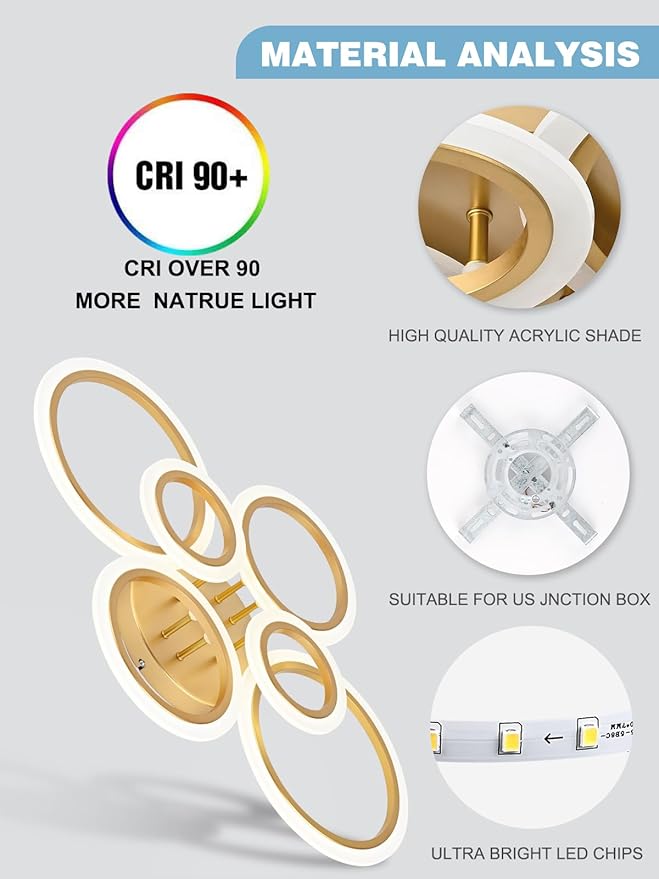 Modern LED Flush Mount Ceiling Light, 6 Rings Gold Close to Ceiling Light Fixtures, Living Room Lighting Fixture Ceiling Lamp for Kitchen, Bedroom, Laundry Room, 4000K Not Dimmable