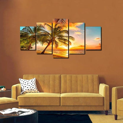 Golden Seascape Ocean Beach Wall Art Cozy Sea Artwork Modern Ocean Sunset Sea Beach Canvas Prints Pictures Paintings on Canvas Wall Art for Home Decor 5 Panels Gallery Wrapped Tropical Scenery