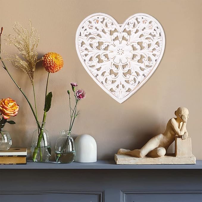 Wooden Wall Decor, Floral Hollow Carved Wall Panel Hanging Decor Rustic Art Sculpture Decorative Carved Floral-Patterned Distressed White MDF Wall Panel for Hallway Bedroom Cafe Office (Heart)