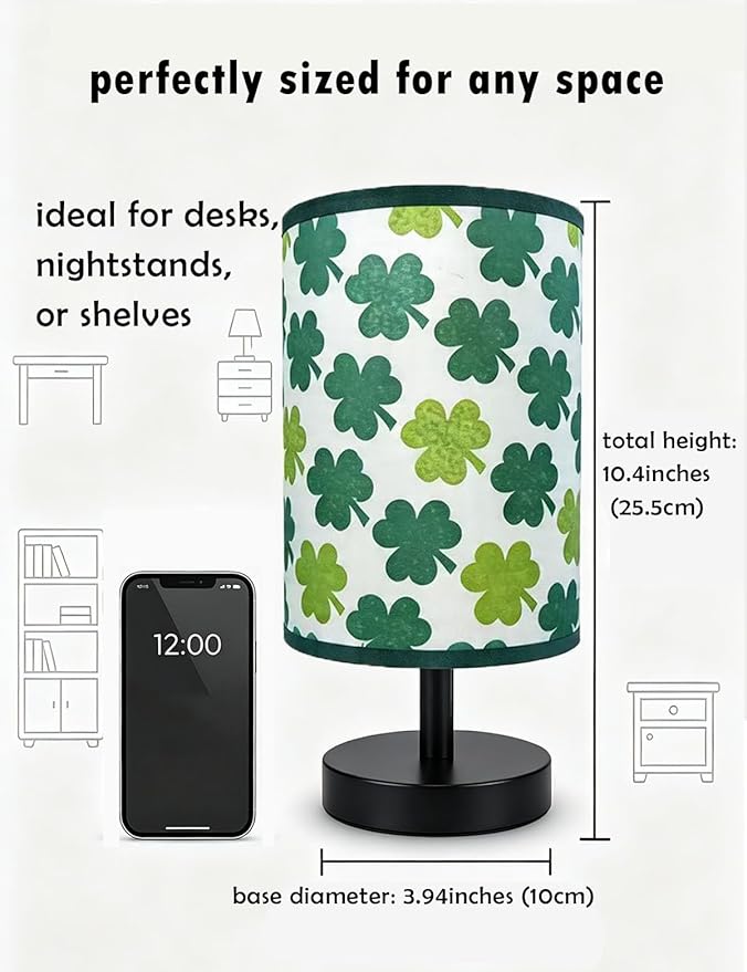 Green Desk Lamp, Clover Bedroom Lamp 3-Color Small Linen Desk Lamp, 10 x 5.12 Inch with Integrated LED, Girls Bedroom Table Lamp - Lucky Shamrocks Gifts for Kids - Decor for Window Room Bedroom