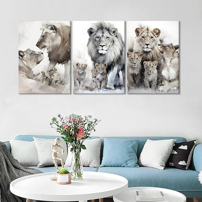 Animal Canvas Paintings Lion Family Portrait Pictures Wall Decor Modern 3 Piece Lion Poster Wall Art Living Room Bedroom Home Office Decorations, Framed 60”W x 28”H