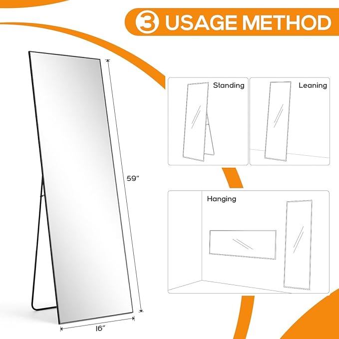 Full Length Floor Mirror, 15.75"x59" Full Body Standing Mirrors with Shatter-Proof Glass, Floor or Wall Mount, Hanging or Leaning, Aluminum Alloy Frame for Home Decor, Black