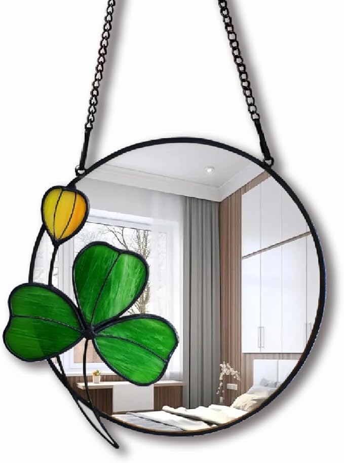 Clover Wall Decorative Art Mirror, 8-inch Small Mirror with Chain, Handmade Stained Glass Window Hanging, Gift for Girlfriend and Mother's Day