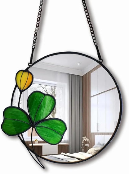 Clover Wall Decorative Art Mirror, 8-inch Small Mirror with Chain, Handmade Stained Glass Window Hanging, Gift for Girlfriend and Mother's Day