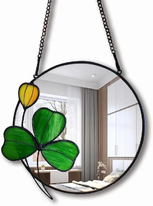 Clover Wall Decorative Art Mirror, 8-inch Small Mirror with Chain, Handmade Stained Glass Window Hanging, Gift for Girlfriend and Mother's Day