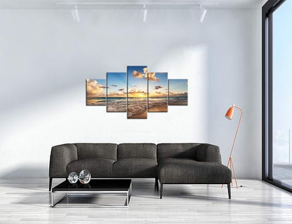 Sunset Beach Wave Scene Seascape Landscape Picture Modern Painting on Canvas 5 Piece Framed Wall Art for Living Room Bedroom Home Decor Gallery Wrap Giclee Posters and Prints (60’’W x 32’’H)