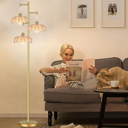 AHDWDW Gold Floor Lamp for Living Room Bedroom,Modern Floor Lamps with Unique Amber Glass Shades,68IN Mid Century Tall Flower Standing Lamp,Vintage 3 Lights Tree Floor Lamp for Corner Office Reading