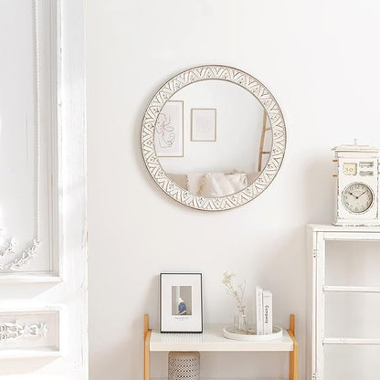 24" Round Mirror Farmhouse Wooden Frame Circle Mirrors, Rustic Decorative Distressed Wall Mounted Mirror for Bathroom, Bedroom, Living Room, Entryway, Fireplace, Hall