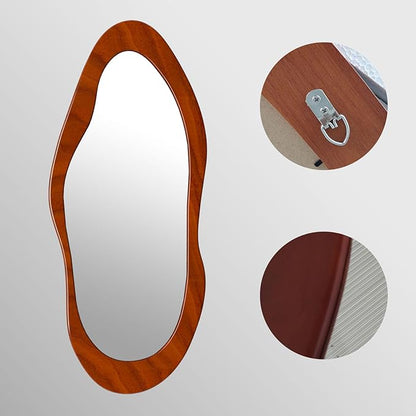 55"x 24" Irregular Wavy Full Length Mirror Brown Wooden Framed Full Body Mirror Irregular Wall Mirrors Hanging for Bedroom Living Room Cloakroom Walnut Brown Color