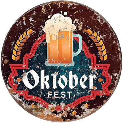 Vintage Style Round Tin Sign Wreath Making Sign Oktoberfest German Beer Festival Bratwurst Pretzels Cheese October Holiday Metal Sign Metal Decor Wall Sign Wall Decor Door Plaque TIN Sign 12x12 Inch